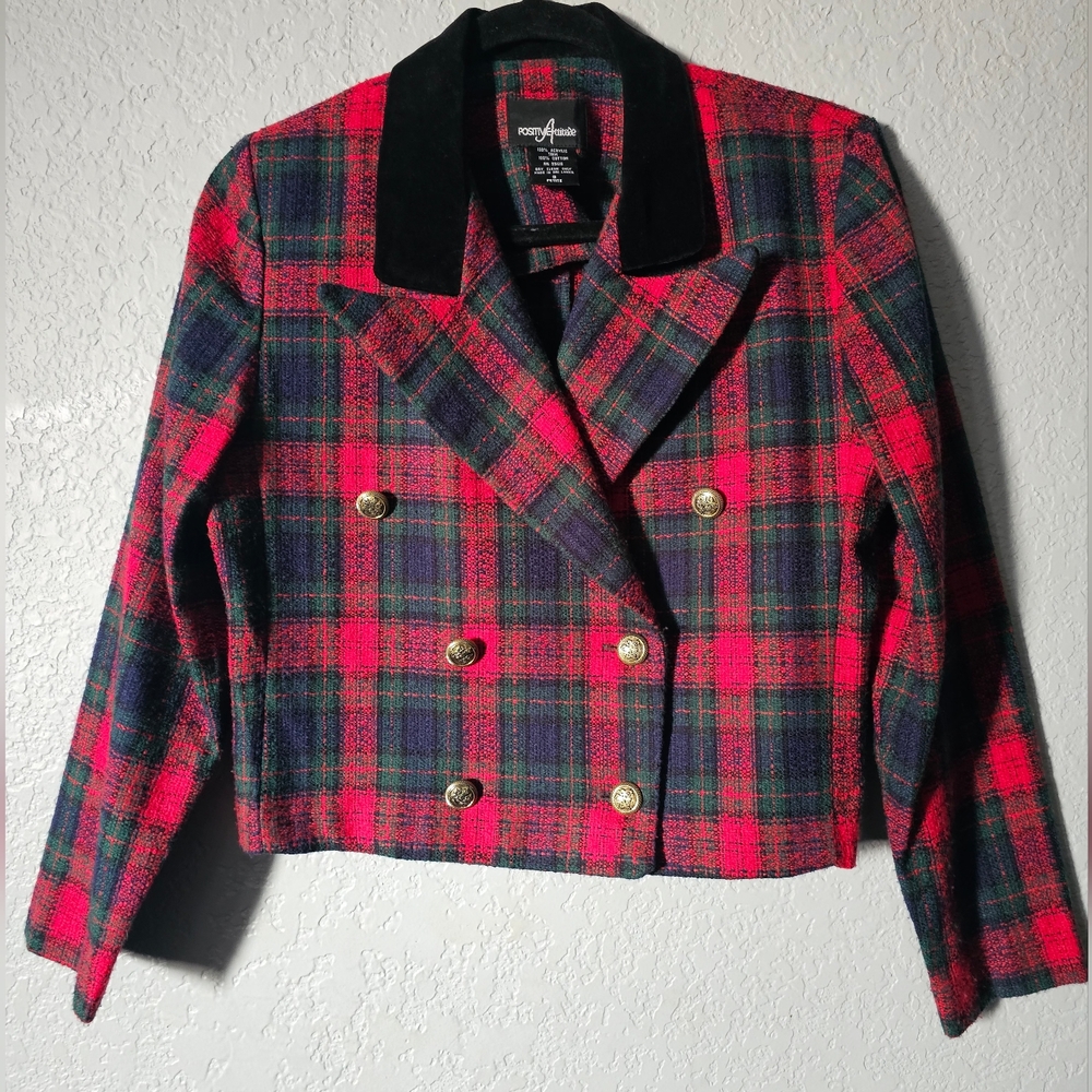Positive Attitude Blazer Plaid Red,Blue,Green With  Buttons Cropped Size 8 P VTG